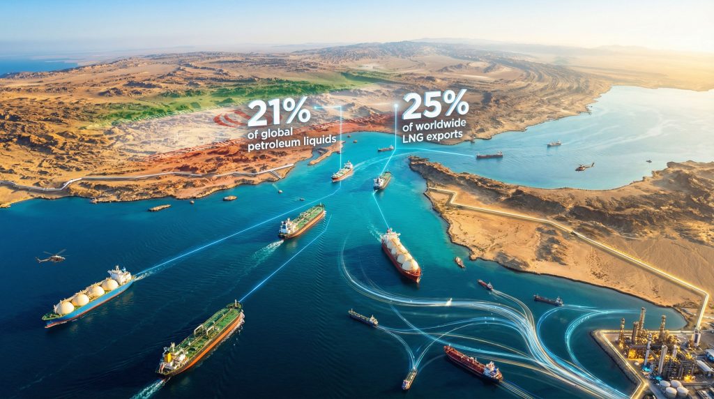 Strait of Hormuz shipping halt visualization.