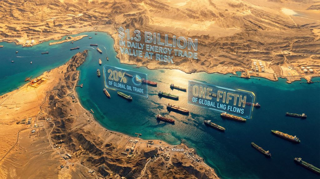 Strait of Hormuz energy vulnerability: global trade impact visualization.