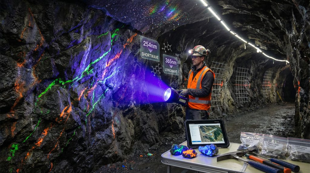 Miner using black light for mineral exploration.