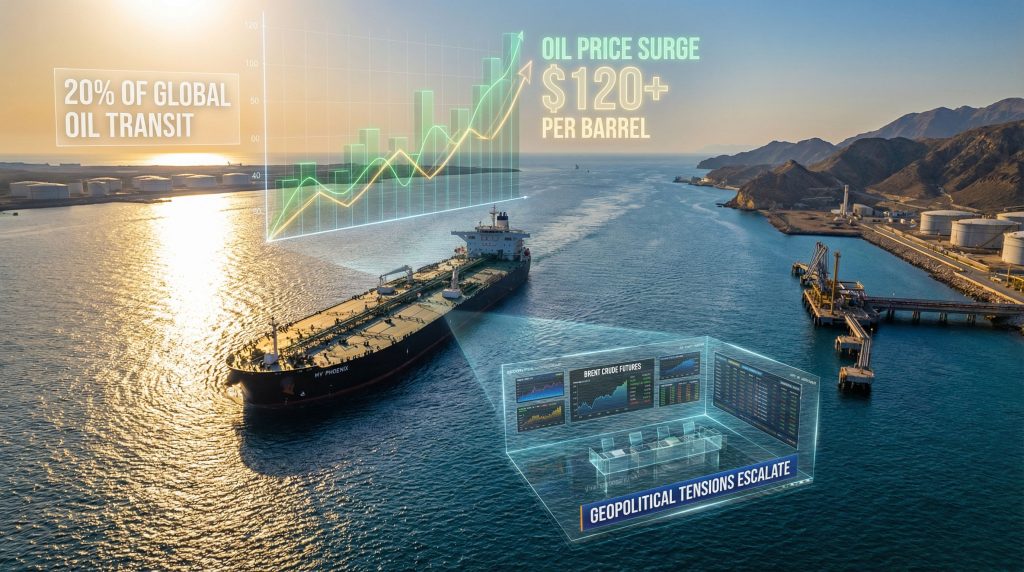 Oil tanker in strait; prices surge.