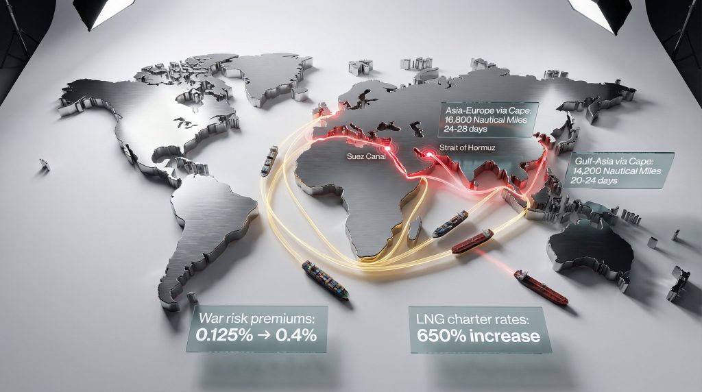 World map highlighting dual chokepoint crisis.