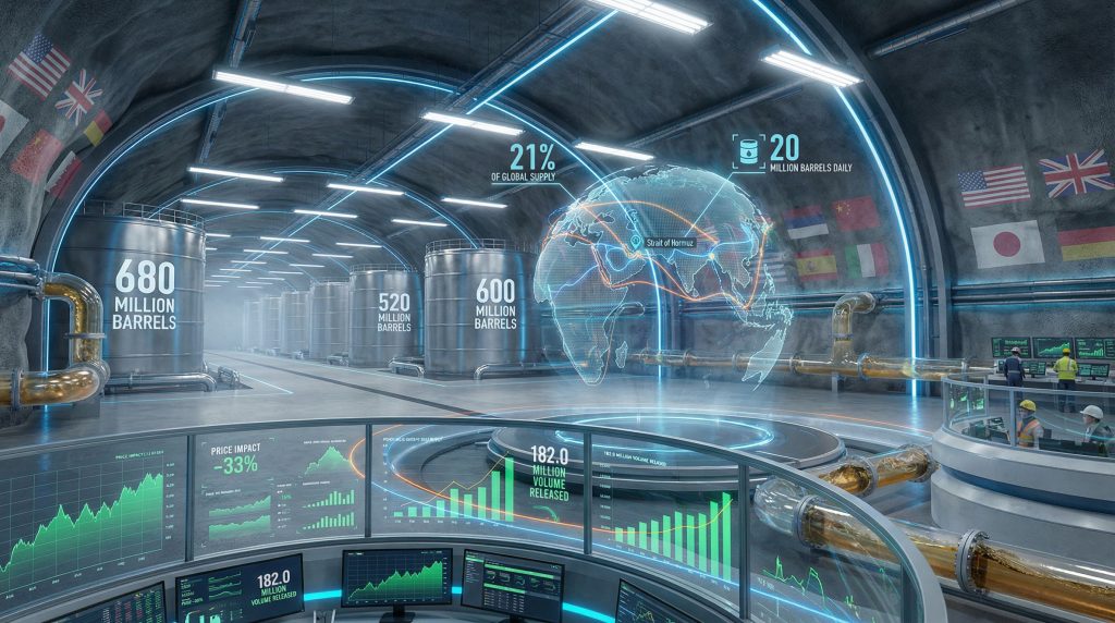 Futuristic IEA emergency oil reserves display.