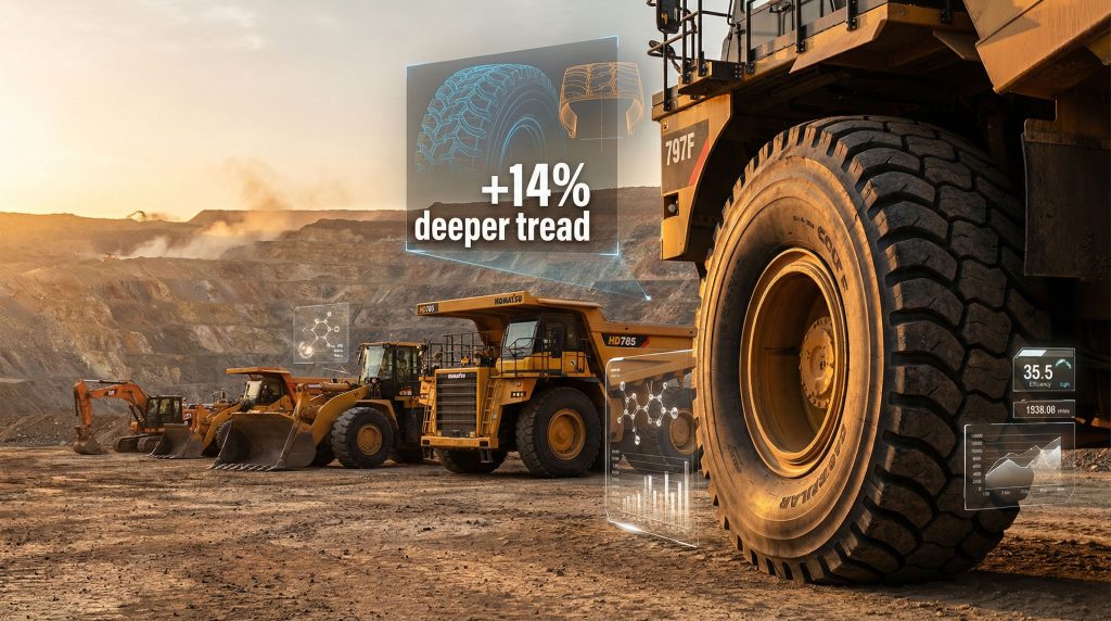 Heavy machinery showcasing Bridgestone treads at CONExpo.