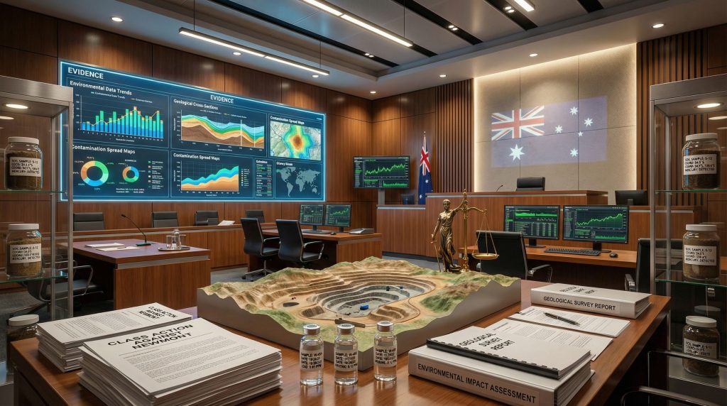 Courtroom displays class action against Newmont.