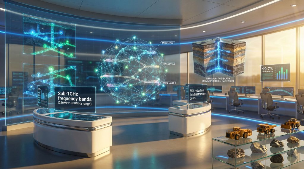Futuristic visualization of low-frequency mining connectivity.