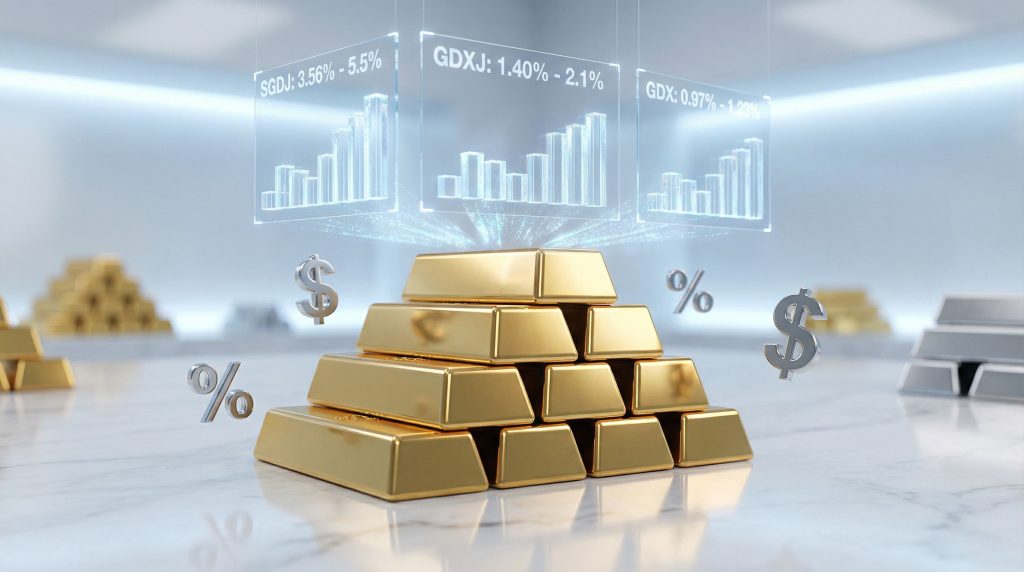 Gold ETFs with dividends, gold bars displayed.