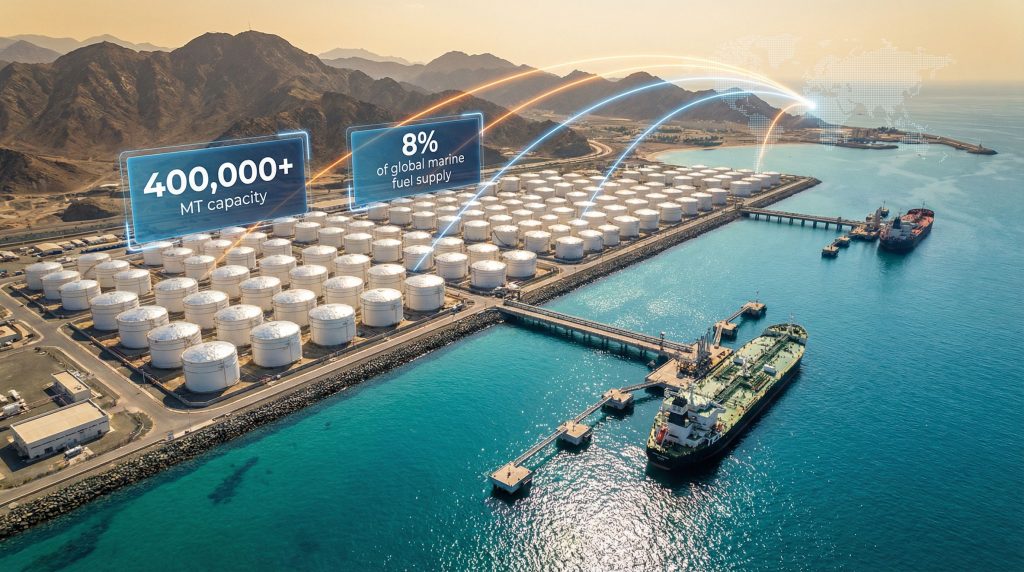 Fujairah bunkering tanks and ships in port.