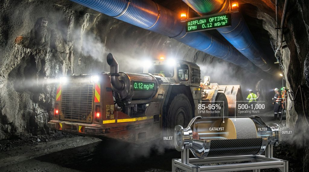 Underground vehicle highlighting diesel exhaust risks.