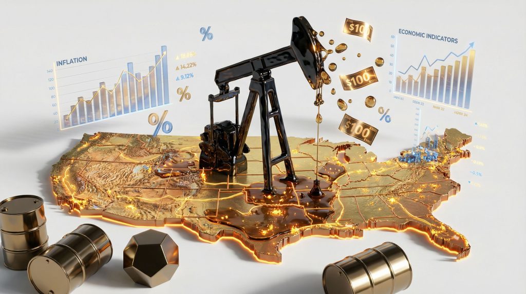 Oil pump on U.S. map, economic charts.