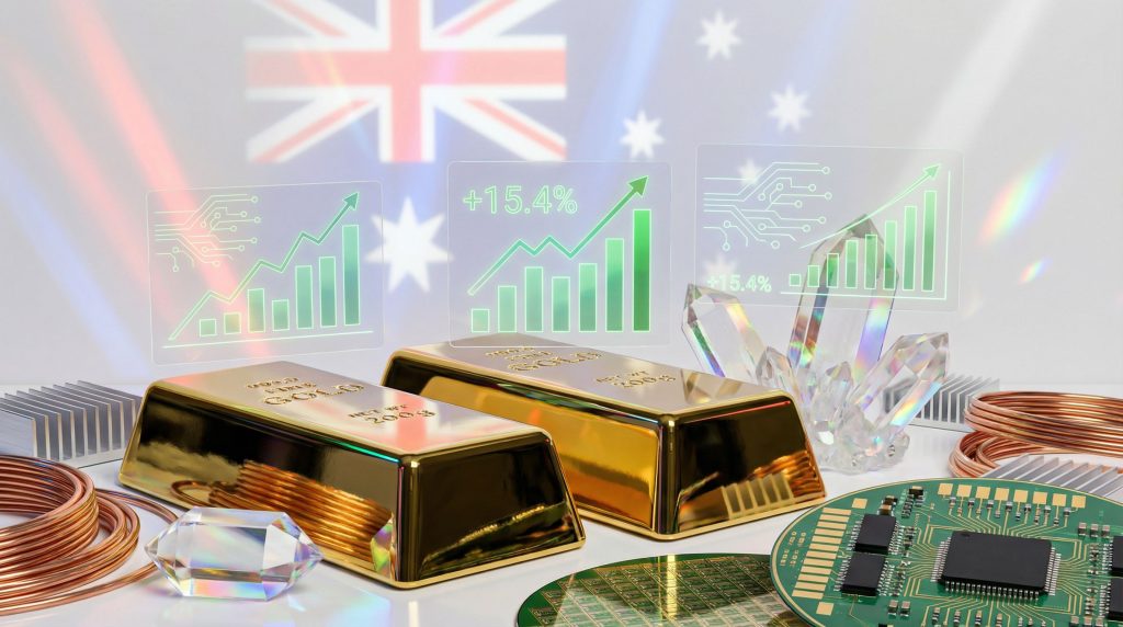 Australian market growth with gold bars.