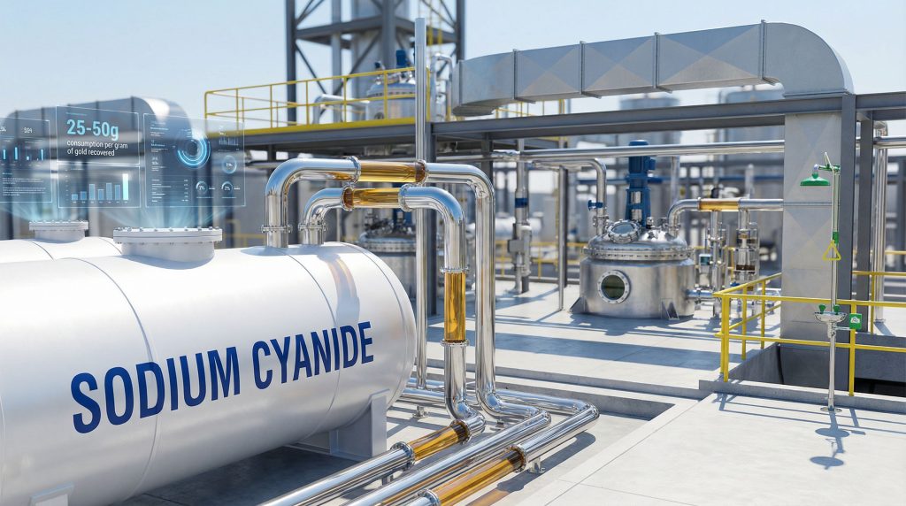 Industrial facility with sodium cyanide tanks.