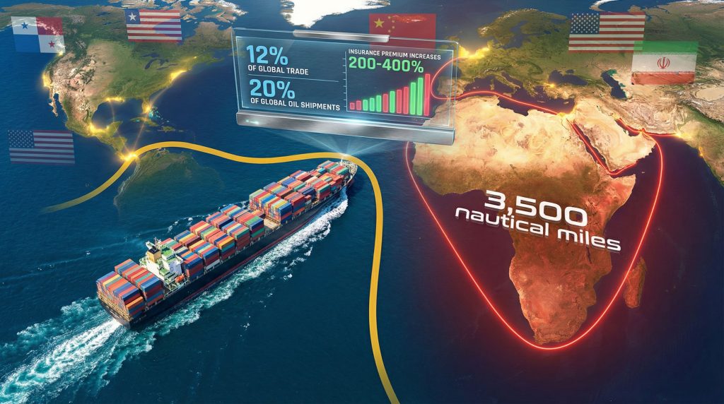 Container ship routes impacted by geopolitical tension.