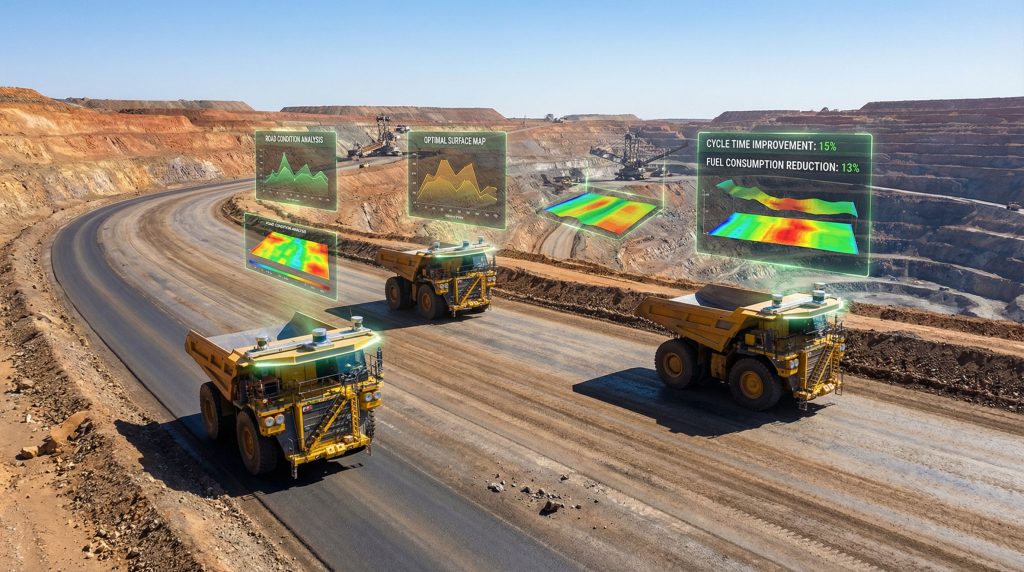 Mining trucks with digital haul road condition monitoring.