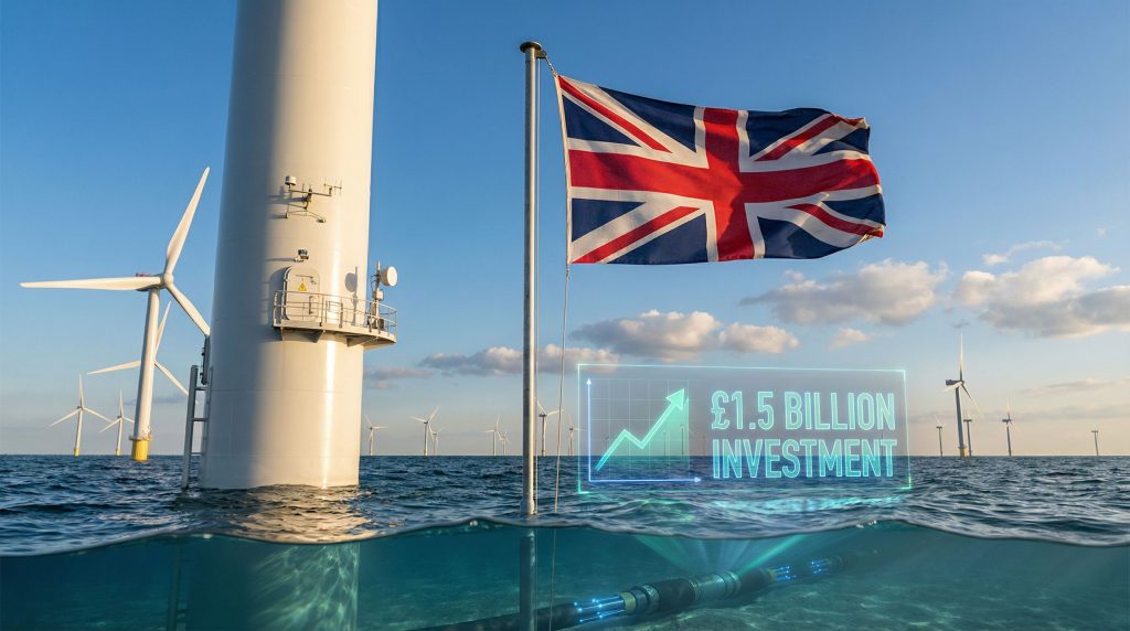 UK flag near offshore wind turbines.