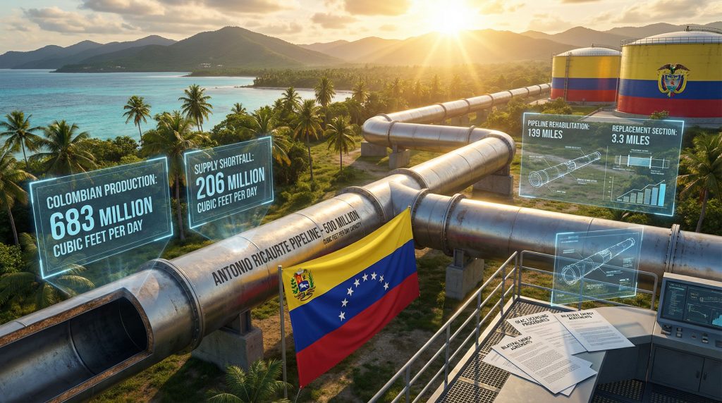 Pipeline and flags highlight U.S. intervention.