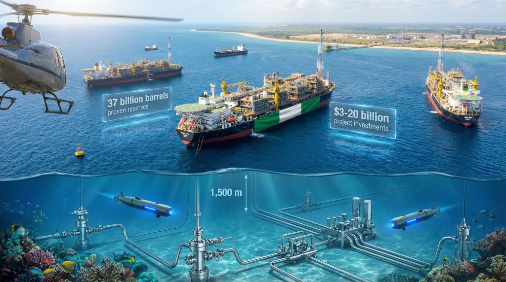 Deepwater exploration in Nigeria with offshore rigs.