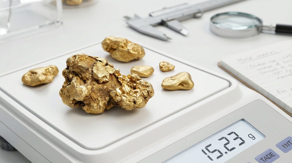 Natural gold nuggets on digital scale.