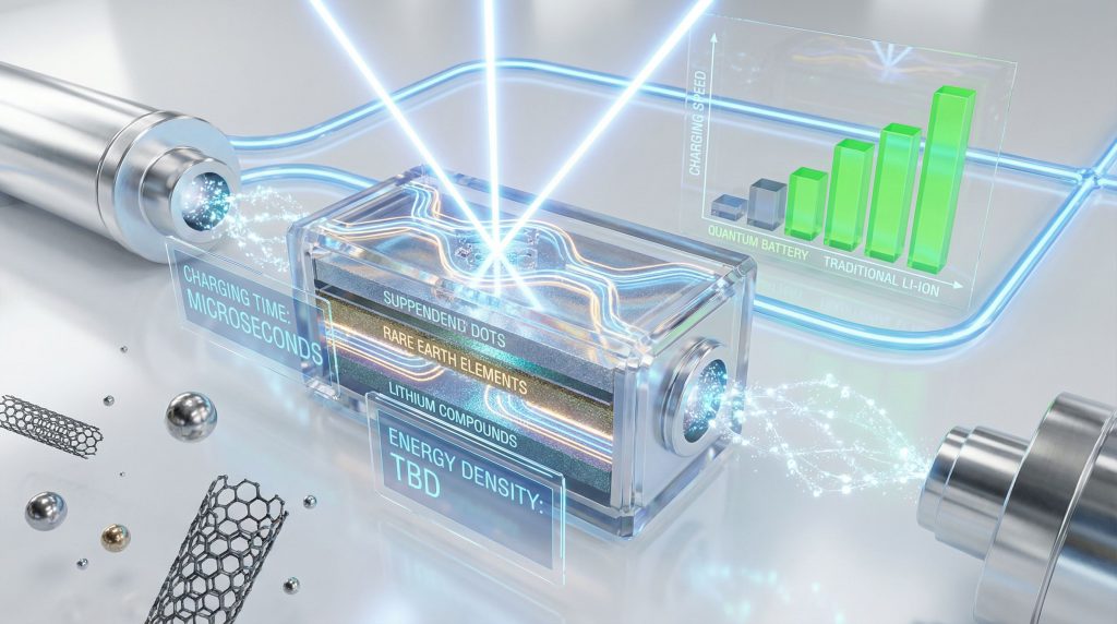Futuristic quantum battery with efficiency chart.