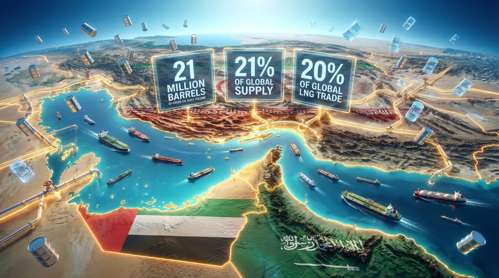 Infographic illustrating free passage through the Strait of Hormuz.