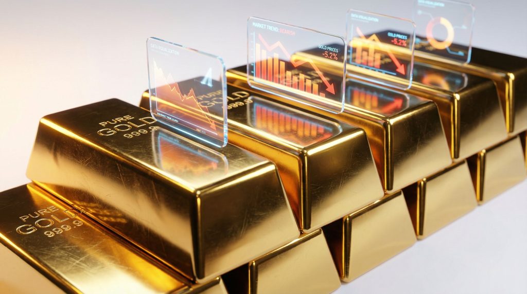 Gold bars with digital bearish charts.