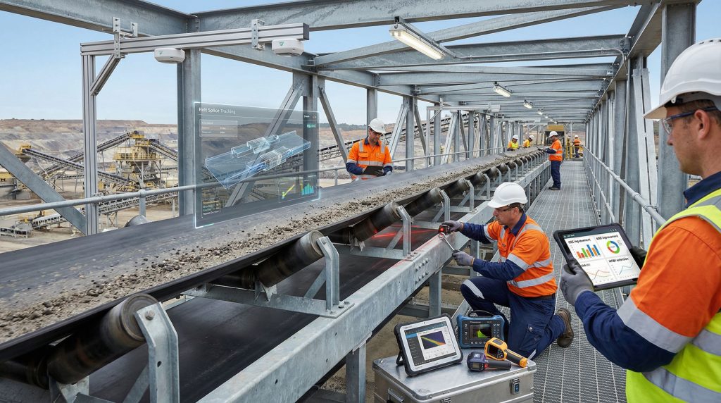 Technicians performing conveyor belt maintenance tasks.