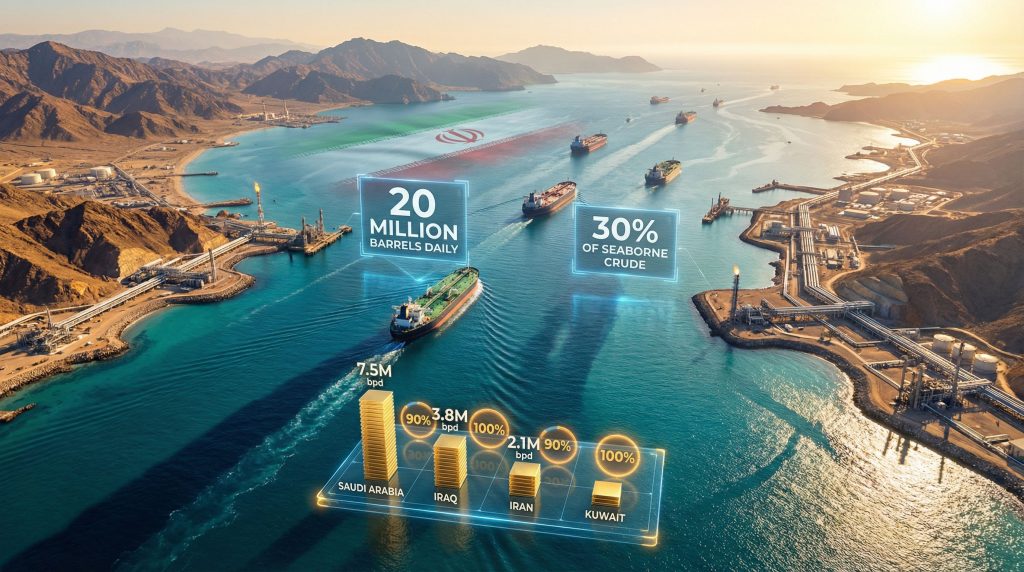 Oil tanker illustration showing Strait of Hormuz closure impact.