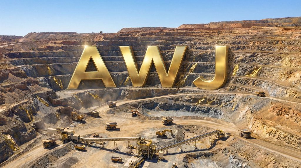 Auric Mining Ltd-AWJ-AWJ letters dominate open-pit mine scene.