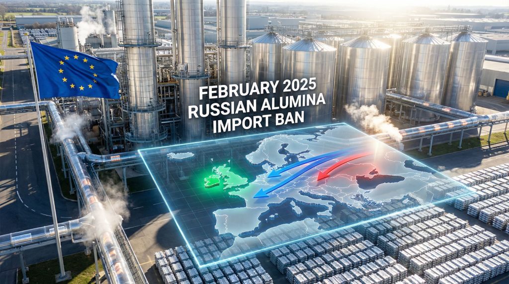 EU flag, alumina plant, import ban map.