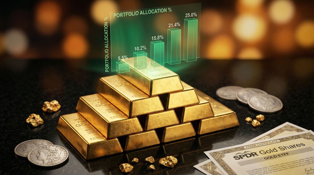 Gold bars with investment certificates and coins.