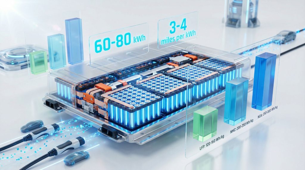 Electric vehicle battery capacity visualization and diagrams.