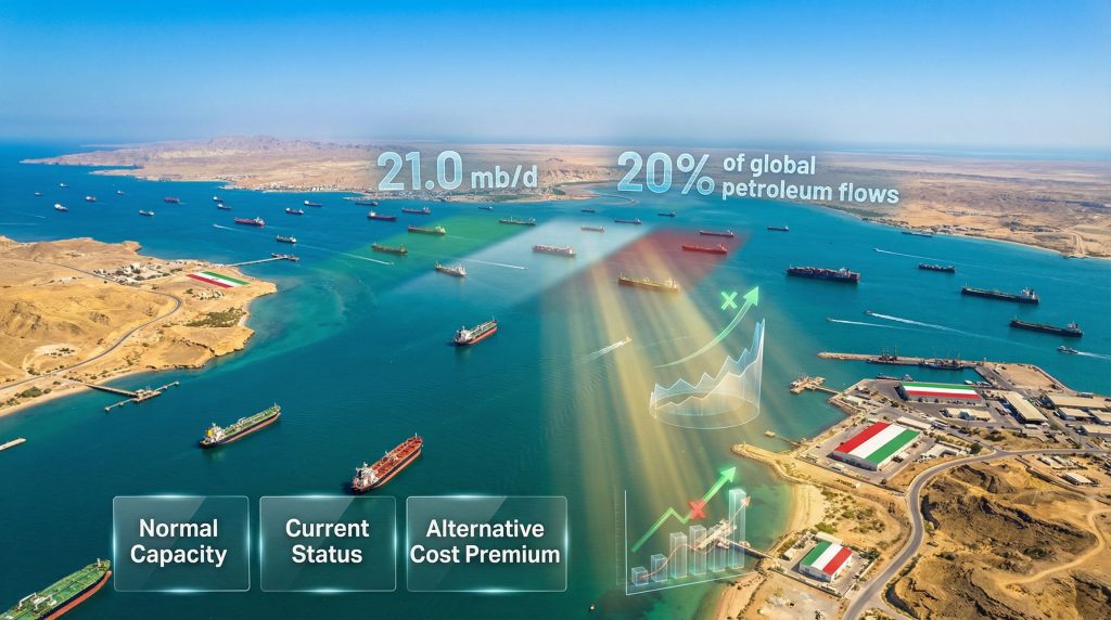 Strait of Hormuz closure disrupts global oil flow.