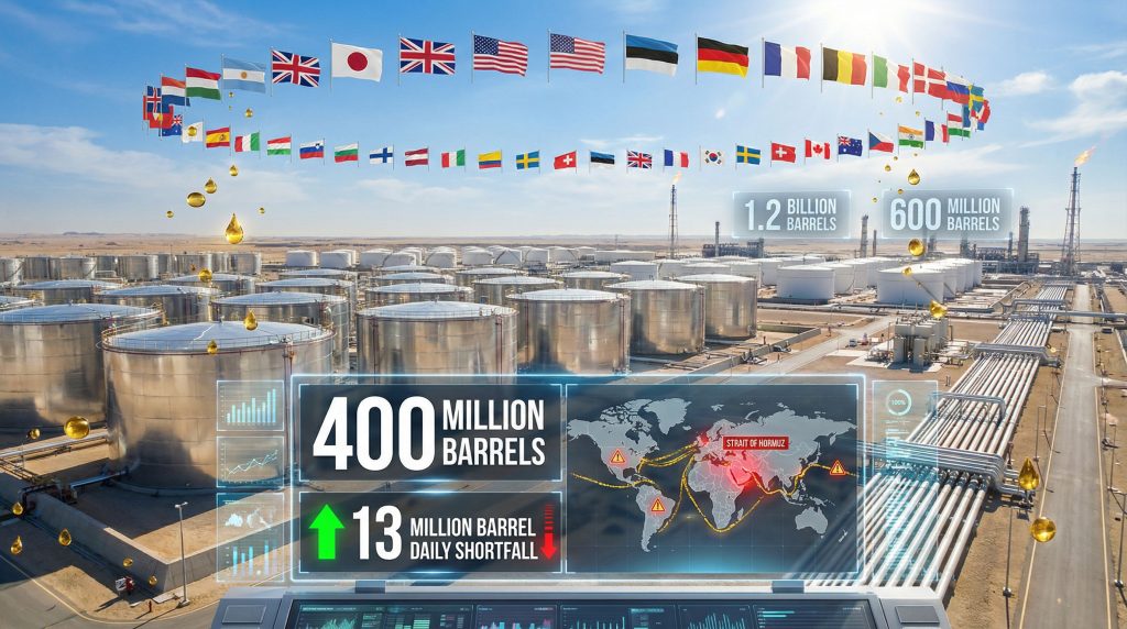 Oil stock release visual with flags, barrels.