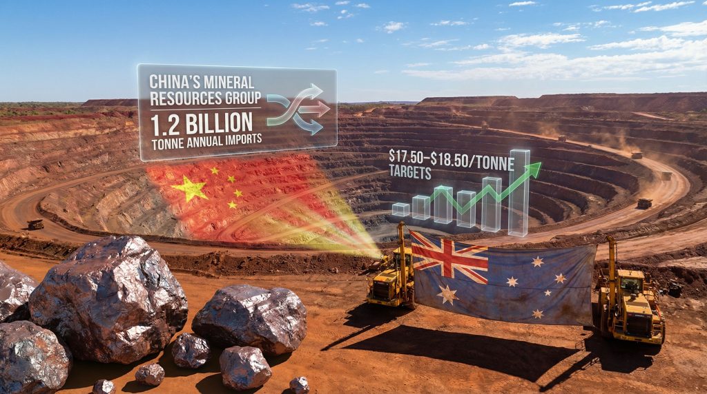 Mining pit with graphics urging China's iron-ore strategy change.