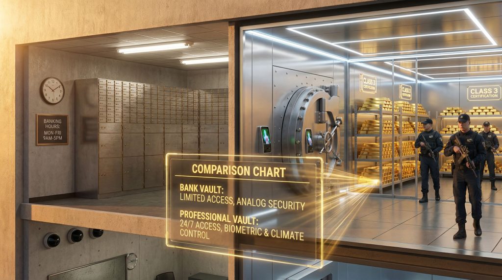 Bank safety deposit vs. gold vault.