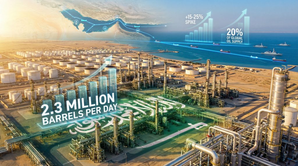 Saudi Aramco refinery aerial view, statistics overlay.