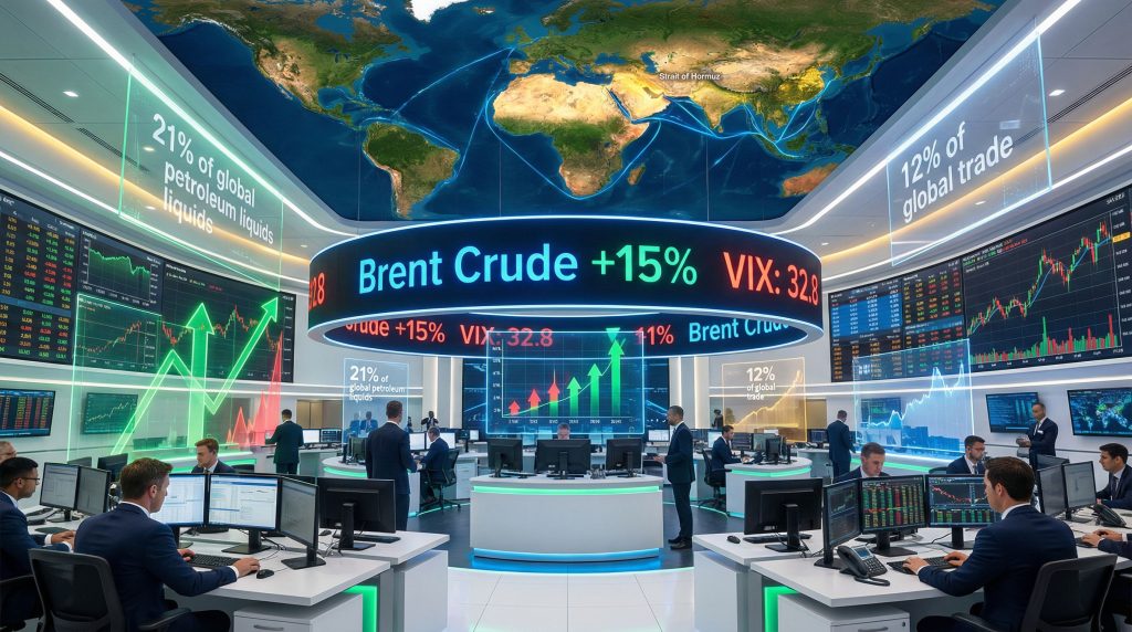 Trading room showing Middle East uncertainty impact.