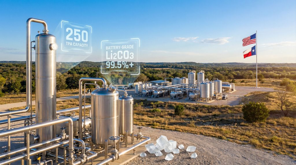 Texas lithium extraction plant with flags.