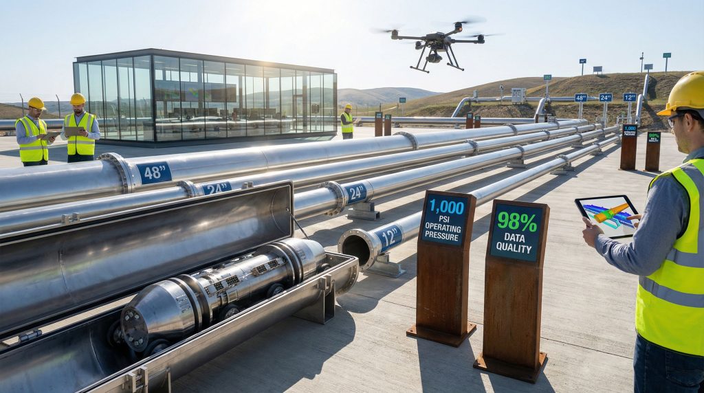 Drone inspects pipeline integrity and maintenance.