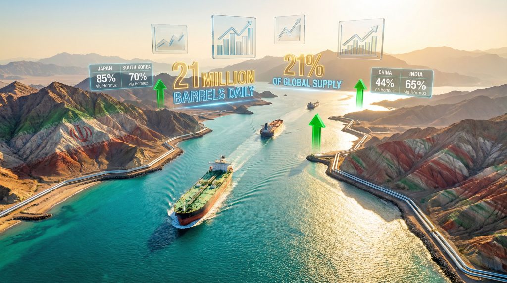 Oil tankers navigate strategic Strait of Hormuz.