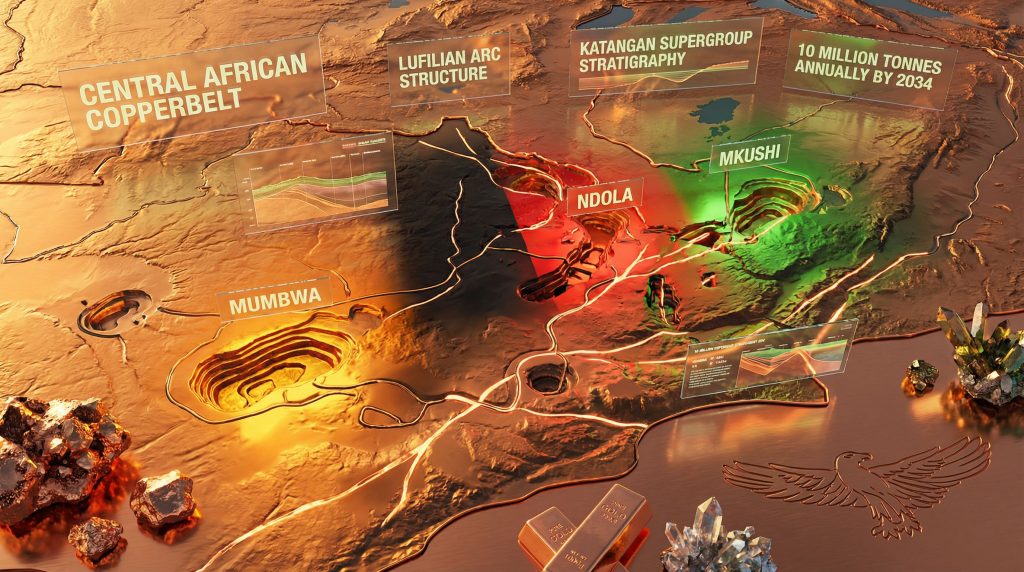 Zambia copper exploration map with highlights.