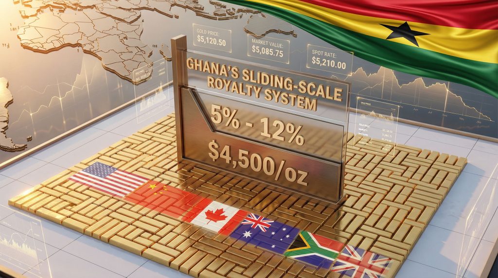 Ghana sliding-scale gold royalty regime display.
