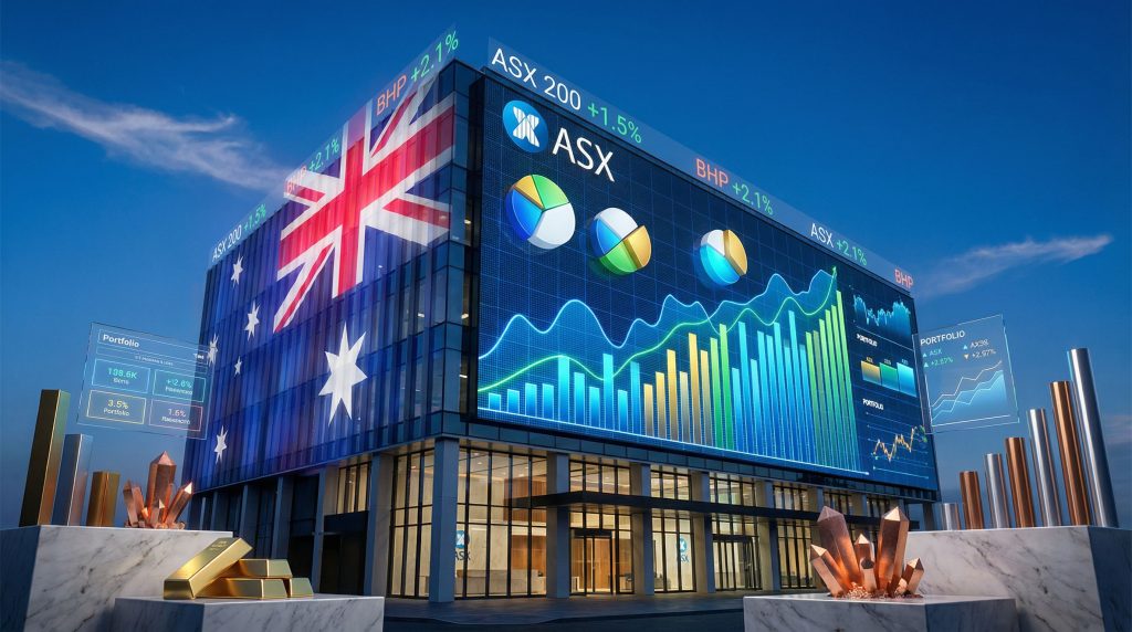 Australian stock market building displaying charts.