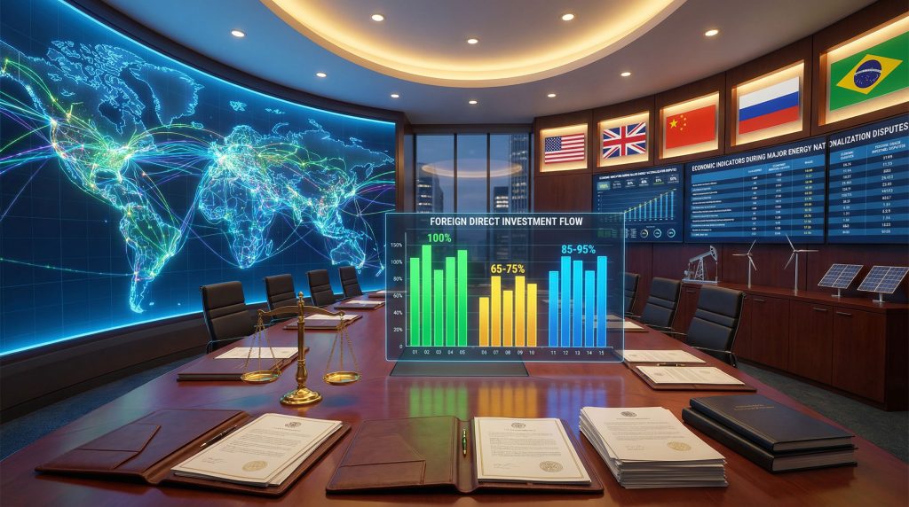 Courtroom with global economic indicators displayed.