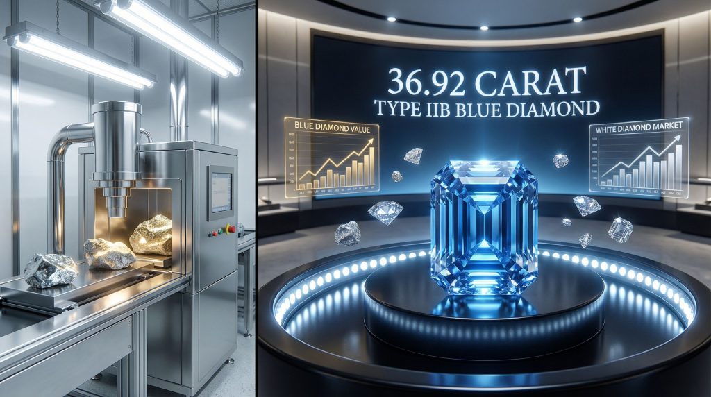 36.92 carat blue diamond showcased prominently.
