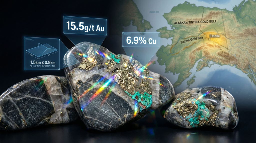 Gold copper anomaly at Estelle map and rocks.
