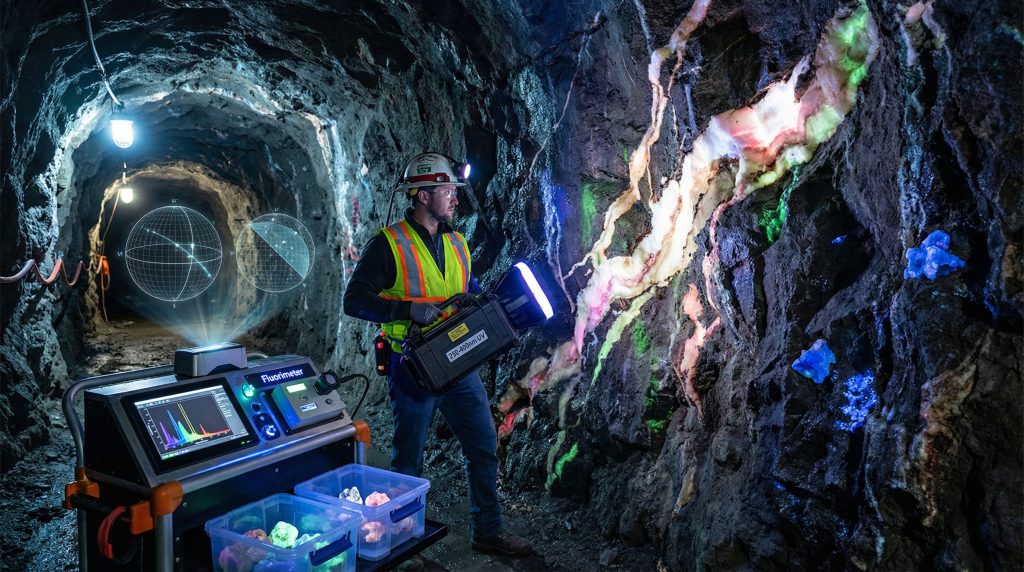 Miner using black-light technique on calcite.