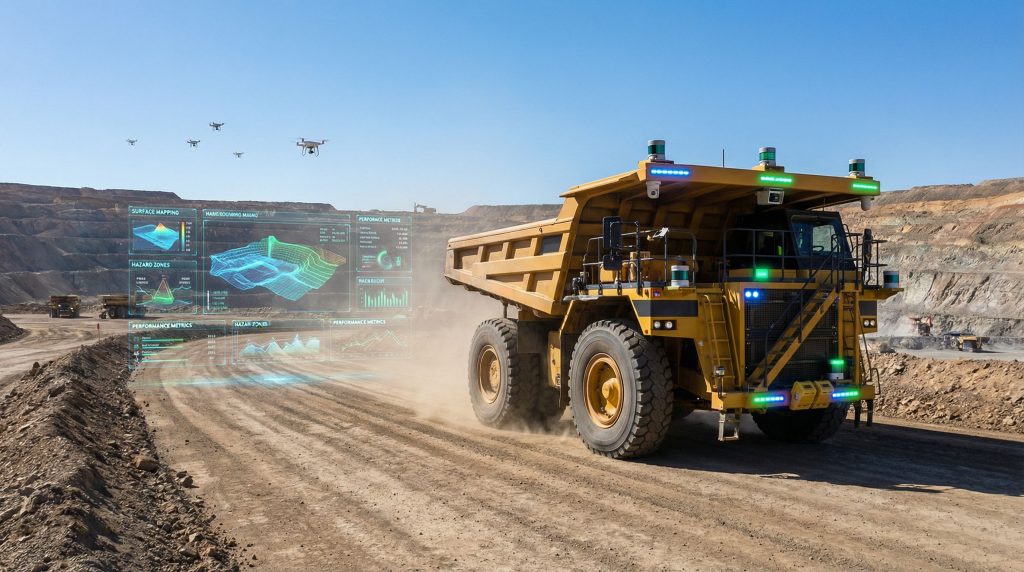Mining truck using real-time haul road hazard detection.