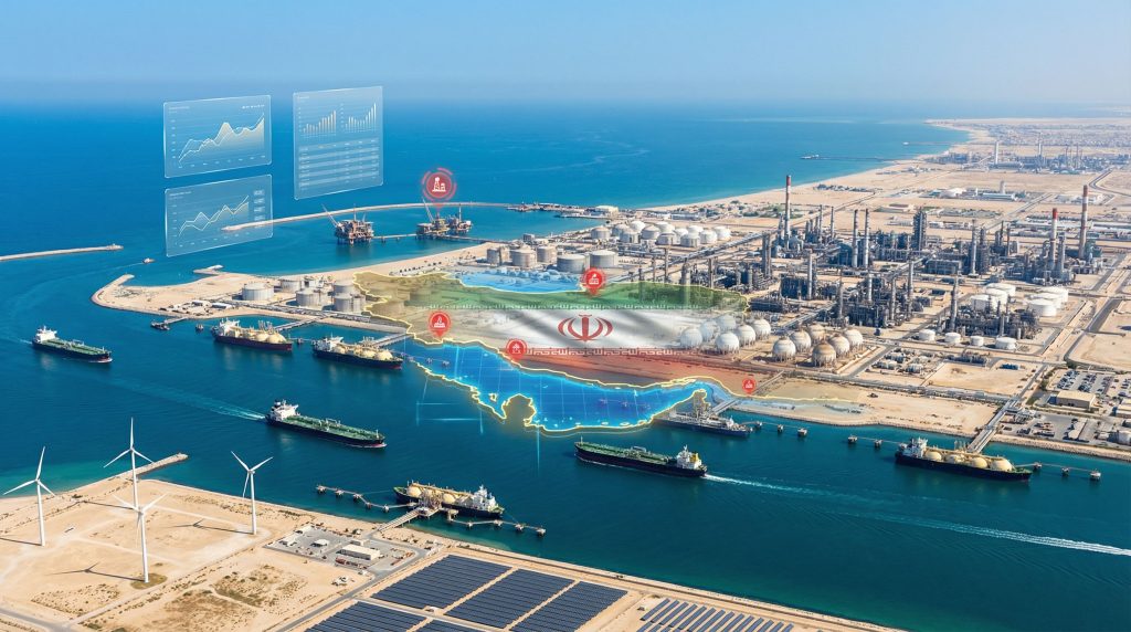 Iran threatens Gulf energy infrastructure, aerial view.