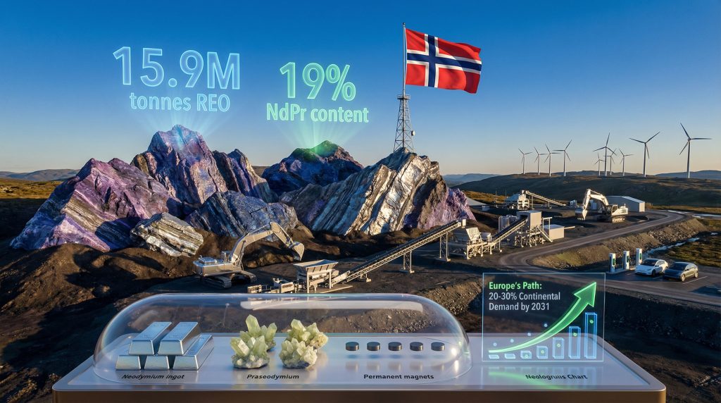 Norwegian rare earth deposit with wind turbines.