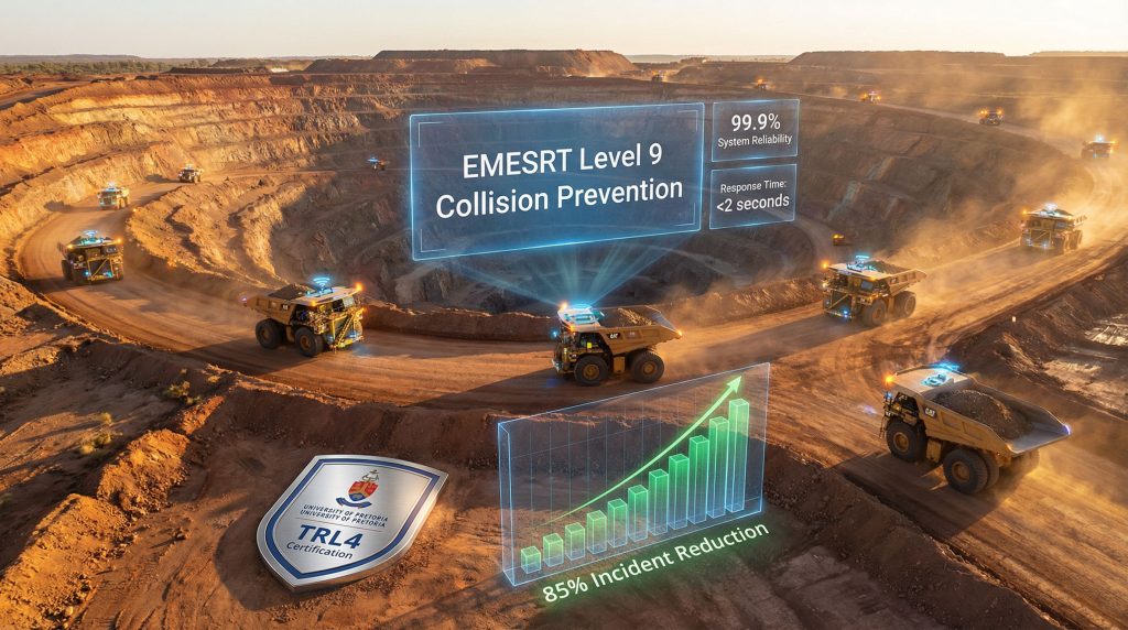 Mining trucks in Hexagon Vehicle Intervention System safety test.